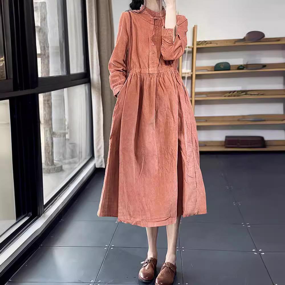 Весна 2025 года, новое литературное и ретро-китайское платье с воротником-стойкой, свободное, повседневное, темпераментное, универсальное, вельветовое платье