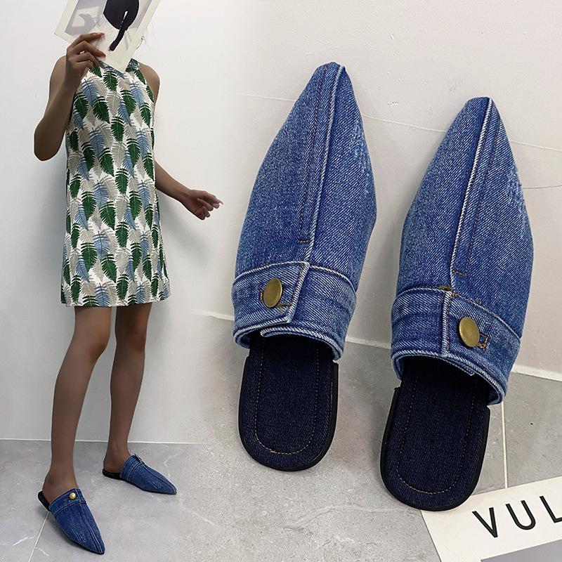 2025 Summer New Large Size Foreign Trade Design Pointed Head Bag Head Niche Denim Flat Bottom Slippers Muller Women's Shoes