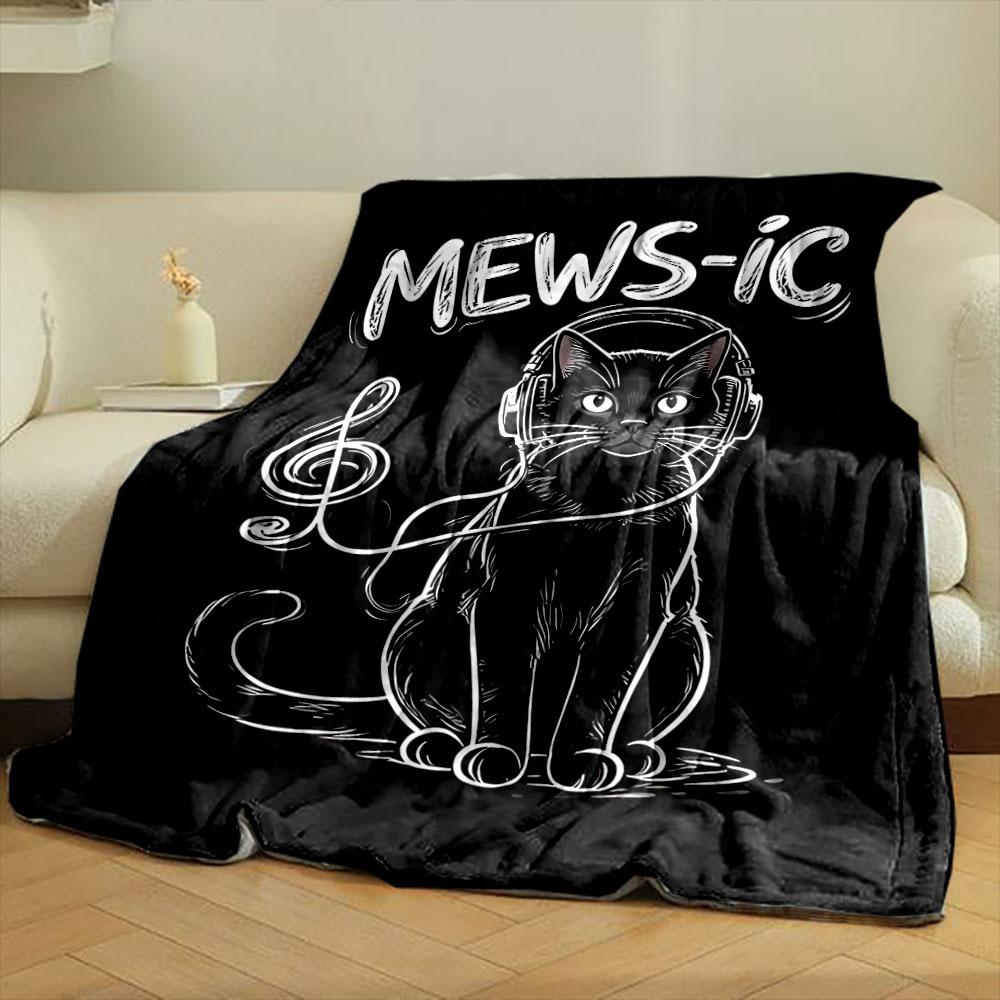 A black cat with headphones and a treble clef-shaped cable, labeled "MEWS-IC". for all seasons blanket lunch break throw gift