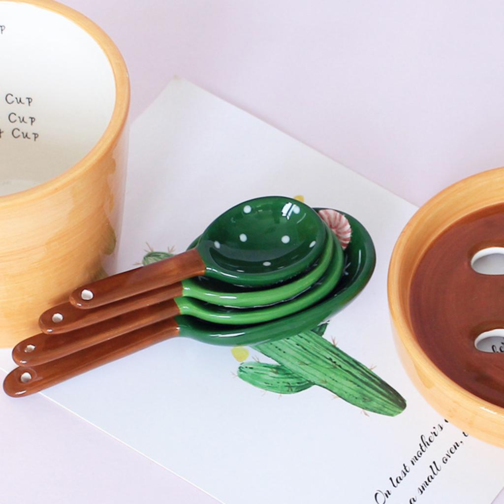 Cartoon Cactus Measuring Spoons Set Lead-free Earthenware Ceramic for Kitchen Home Ornaments