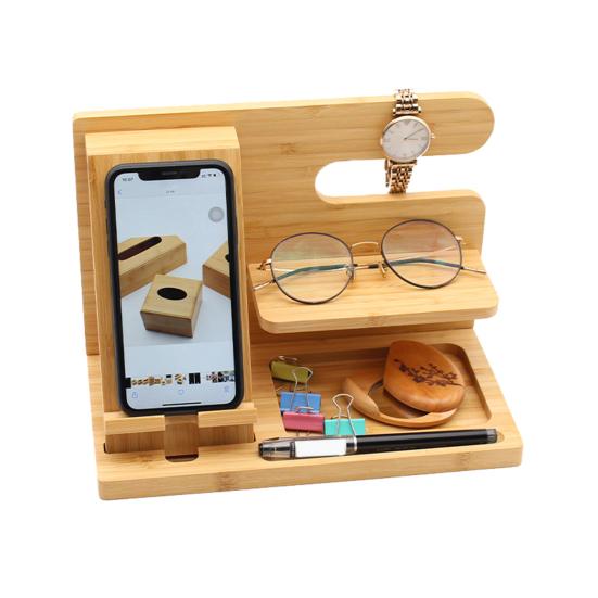 Phone Holder Stable Multifunctional Wooden Phone Organizer Key Wallet Watch Storage Shelf for Bedside Table