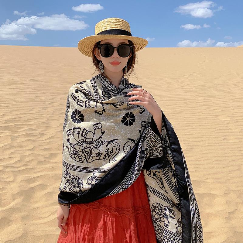 Summer cotton and linen feel scarf travel silk scarf sun protection air conditioner large shawl women's beach towel ethnic style scarf
