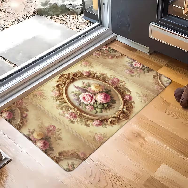 Vintage Romantic French Rose Lace Print Doormat Shabby Chic Floral Victorian Entryway Rug Soft Non-Slip Indoor Outdoor Carpet