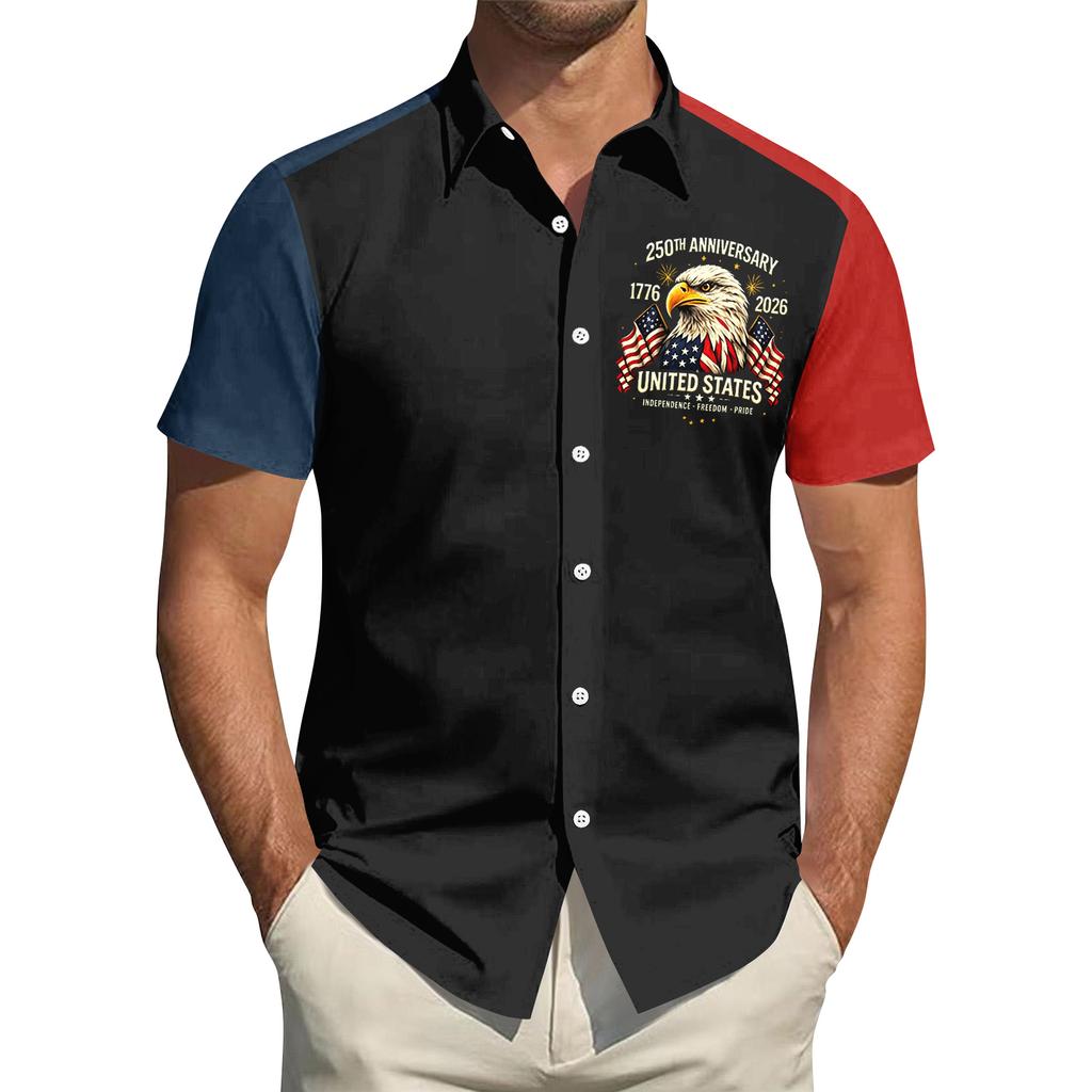 Men's Independence Day Printed Collared Top Men's Casual Sports Short-Sleeve Shirt