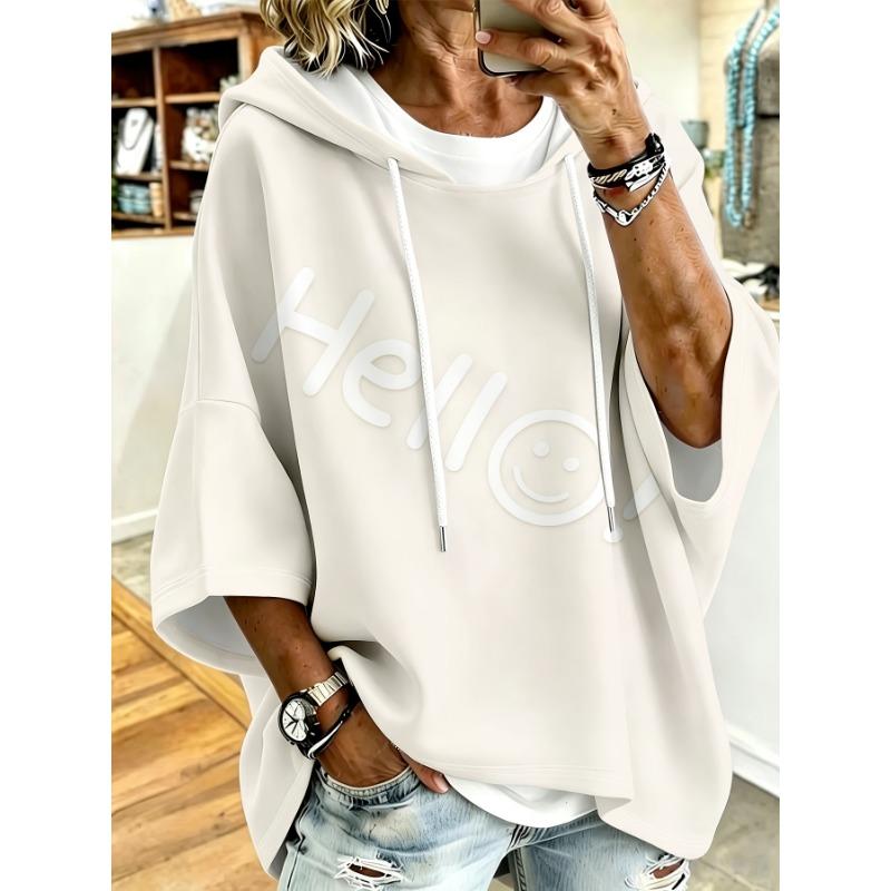 Plus size women's hooded top blue 'Hello' smiley face print loose shoulder sleeve hoodie