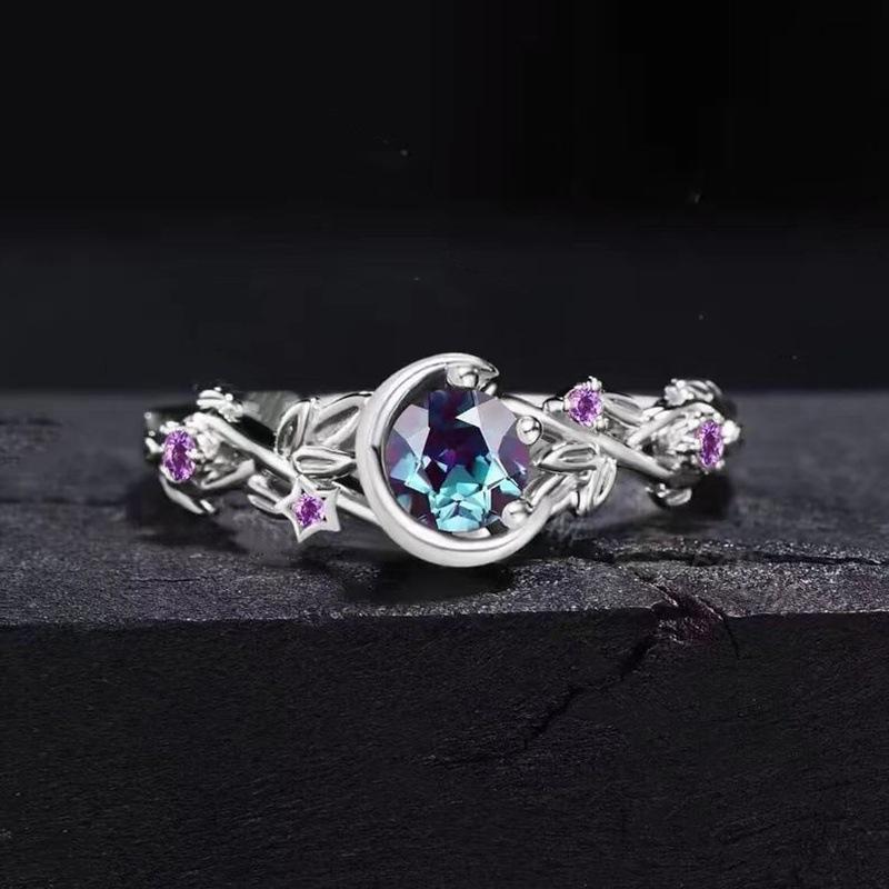 Cold Wind Moon Star Flower Colorful Zircon Crystal Women's Fashion Jewelry Ring