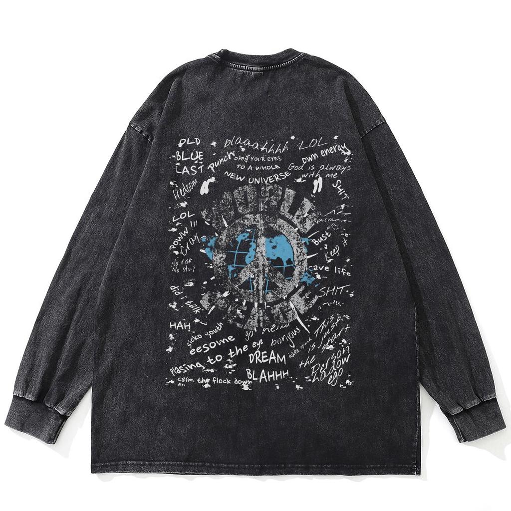 Футболка уличная с рисунком с обеих сторон, черная, стираная, хлопковая, унисекс, большого размера, с длинными рукавами