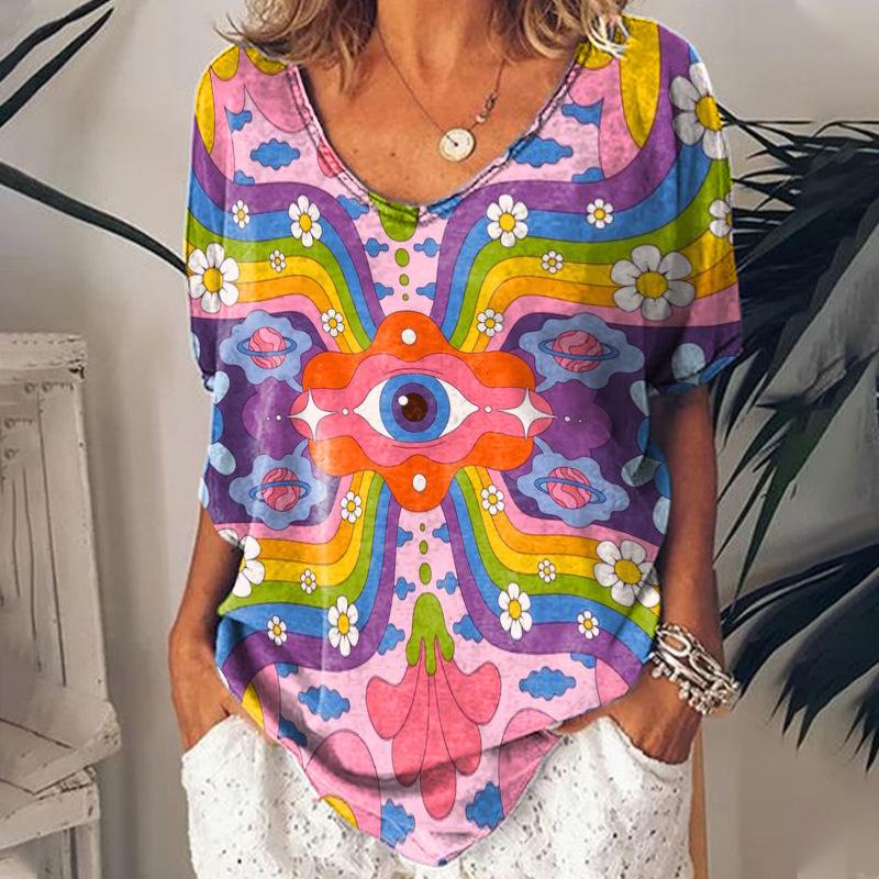 Футболки для женщин Лето 2024 Хиппи женская футболка Топ с пайетками Модные топы с коротким рукавом и принтом Большие размеры Свободные футболки Рубашка