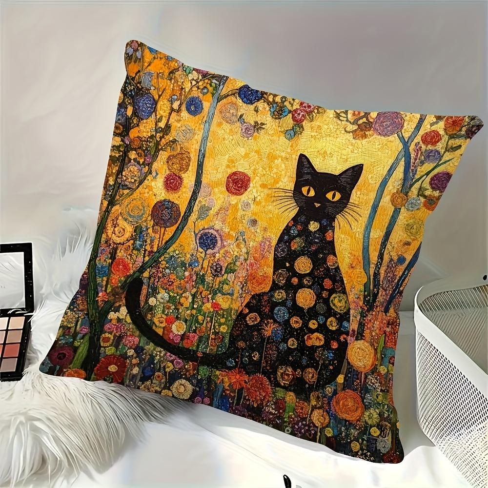 Klimt Style Black Cat Pillow Cover Floral Art Print Cushion Case Boho Vintage Home Decor Gift