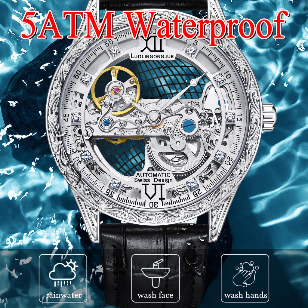 Инкрустированный бриллиантами полый резной циферблат автоматические механические часы мужские водонепроницаемые ночные часы в стиле ретро подходят для повседневного бизнеса