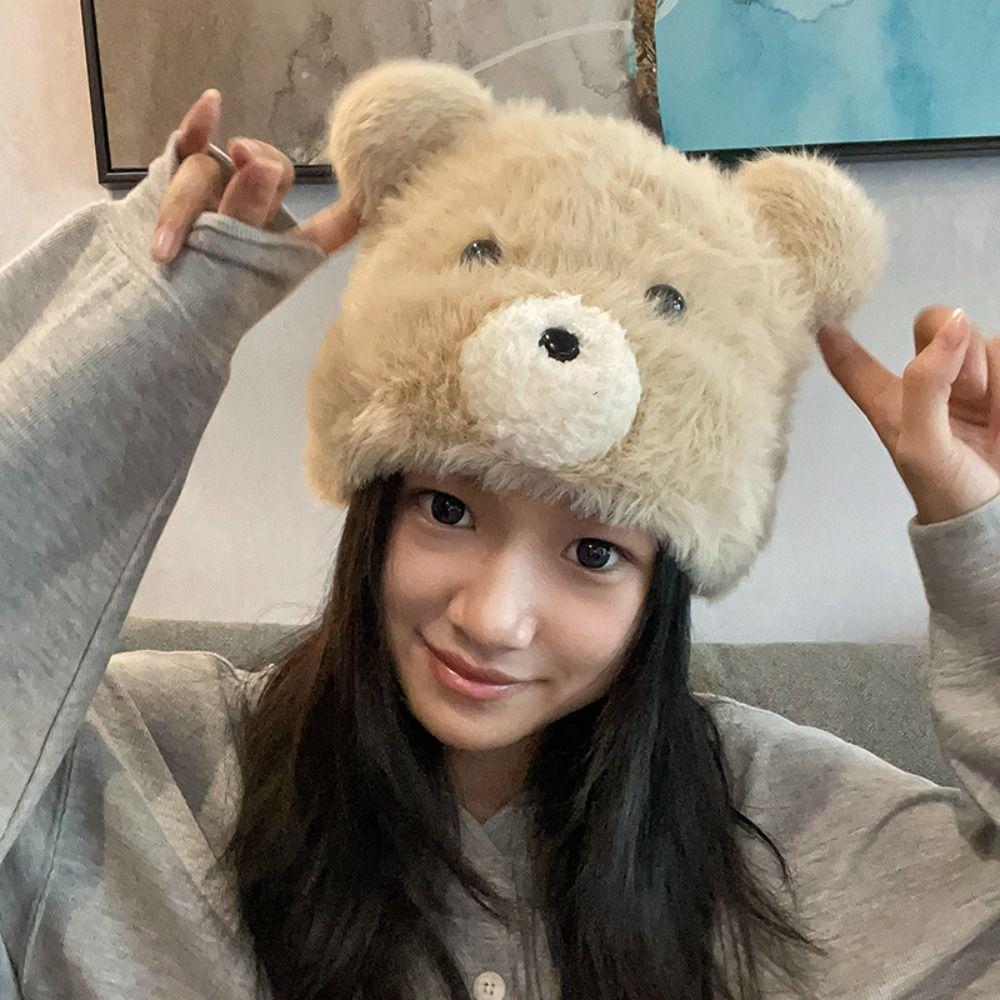 Korean Cute Bear Ear Hat Warm Women Fluffy Hat Fashion Pompom Beanie Cap Girls