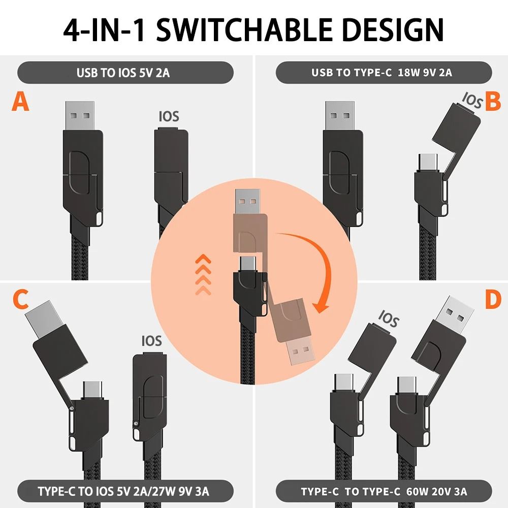 4 In 1 Multi Connectors Cable Fast Charger Charger Cord Multifunction Multi Charging Cable Short