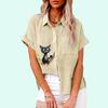 Плюс Размер Женская модная футболка с принтом Лето и осень Повседневная льняная рубашка на пуговицах Женская свободная блузка с короткими рукавами