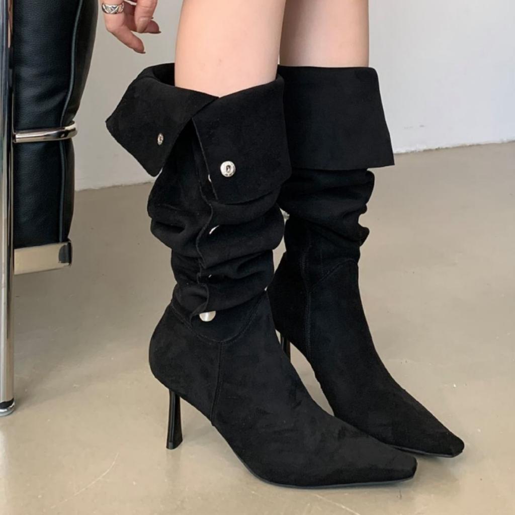 Мода 2025 Новые Ретро Женские Сапоги Матовая Замша Средние Ковбойские Сапоги Высокий Голенище Грубый Каблук Рыцарские Сапоги