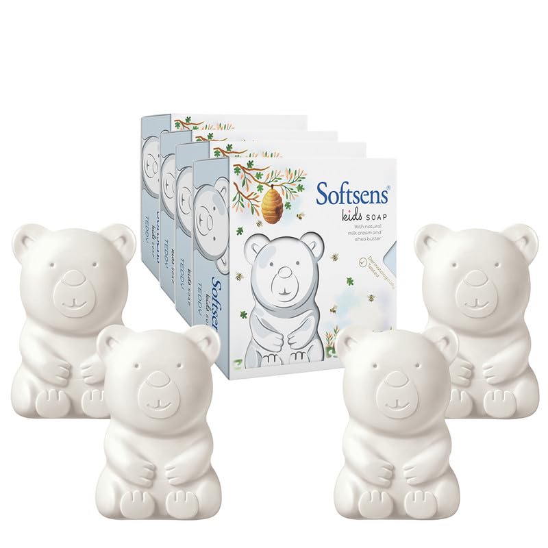 Детское мыло Softsens Мишка 75 г каждое (Пакет из 4) Мягкое детское мыло с маслом ши и молочным кремом, форма бруска, для малышей и детей 2-10 лет