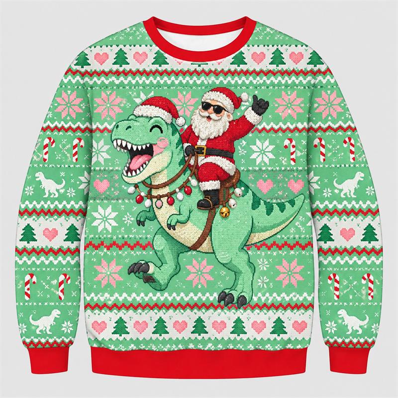 Ugly Christmas Sweatshirt For Unisex Santa Riding Dinosaur Graphic 3D Print Ugly Sweater Autumn Winter Holiday Party Pullover Xmas