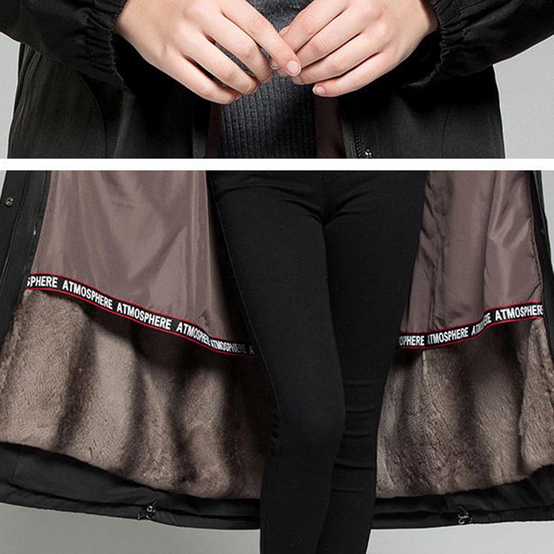 Pie Overcome Women's Knee Length Rex Rabbit Fur Liner Detachable Imitation Fox Fur Collar Lengthening and Thickening Faux Fur Coats for Women