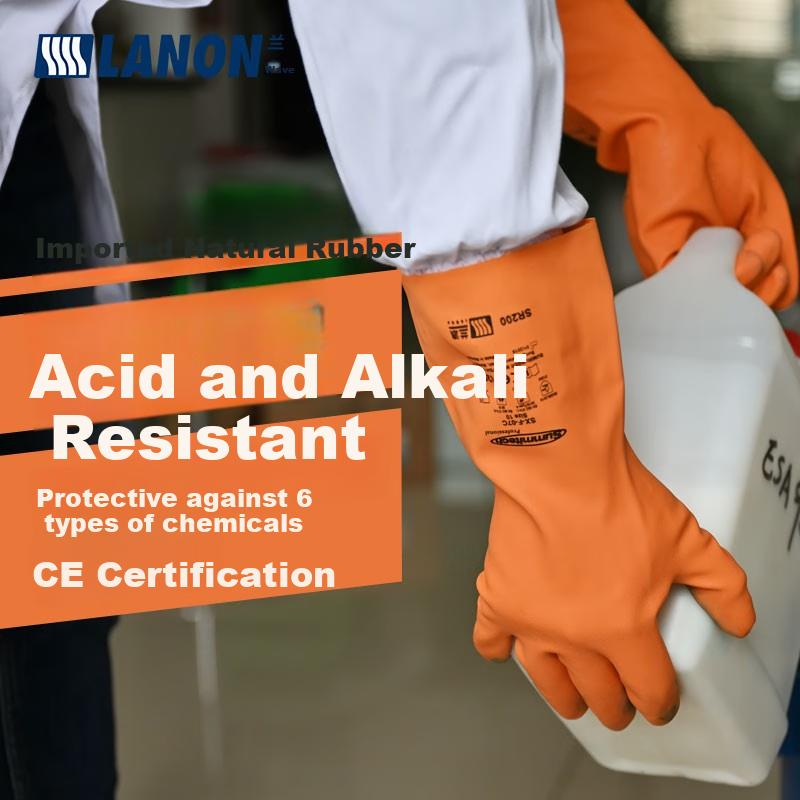 LANON SR200 Imported Natural Rubber Acid And Alkali Resistant Corrosion-Proof Protective Work Gloves for Industrial Laboratory, Size M