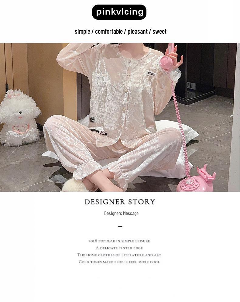 Роскошный женский золотой велюровый комплект пижамы с длинным рукавом