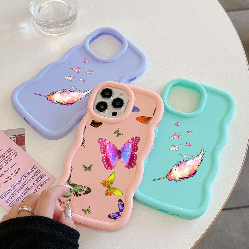 Чехлы для телефонов N76 Butterfly Macaron Wavy Edge для iPhone 16 Pro Max Samsung S24 Plus S23 Ultra A35 A54 A55 Xiaomi Redmi Note 13, противоударный чехол