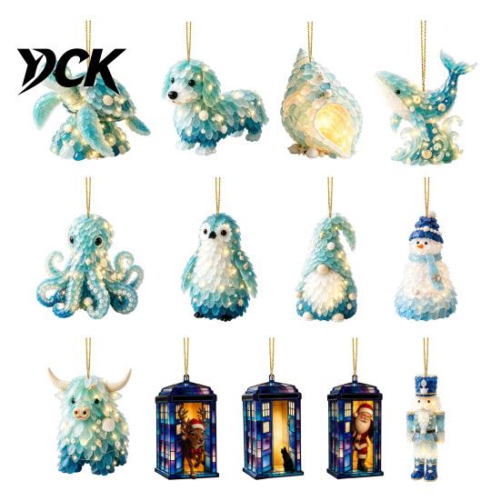 Handmade Style Christmas Decor Blue Glass House Hanging Ornament, Acrylic Double Side Thoughtful Gift Ideas Printed Tree Pendant, Festive Holiday Home