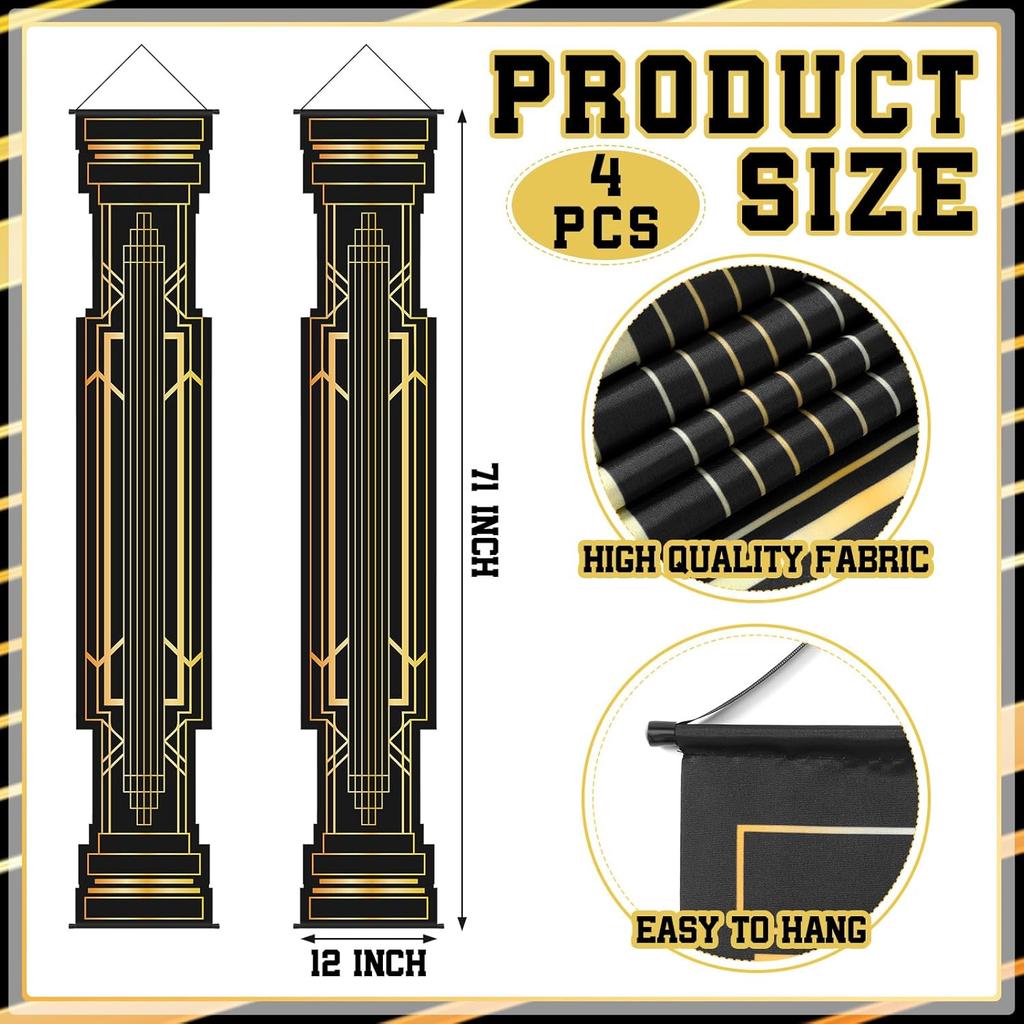 4 шт. Декорации для вечеринки «Ревущие 20-е» Черно-золотая колонна Баннер на дверь и крыльцо Подвесной баннер 1920-х годов Спикизи Награды Свадебные украшения Принадлежности