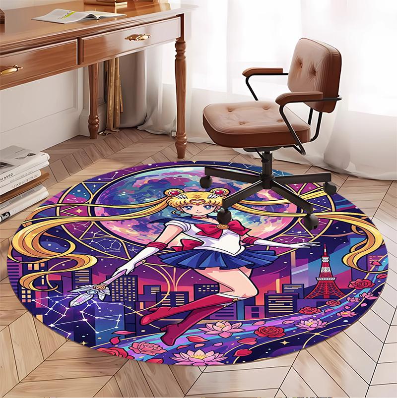 Sailor Moon Pattern Round Rug, Indoor/Outdoor Mat, for Picnic, Gameroom, Bedroom, Office, Living Room, Home Decor Carpet, Birthday Gift