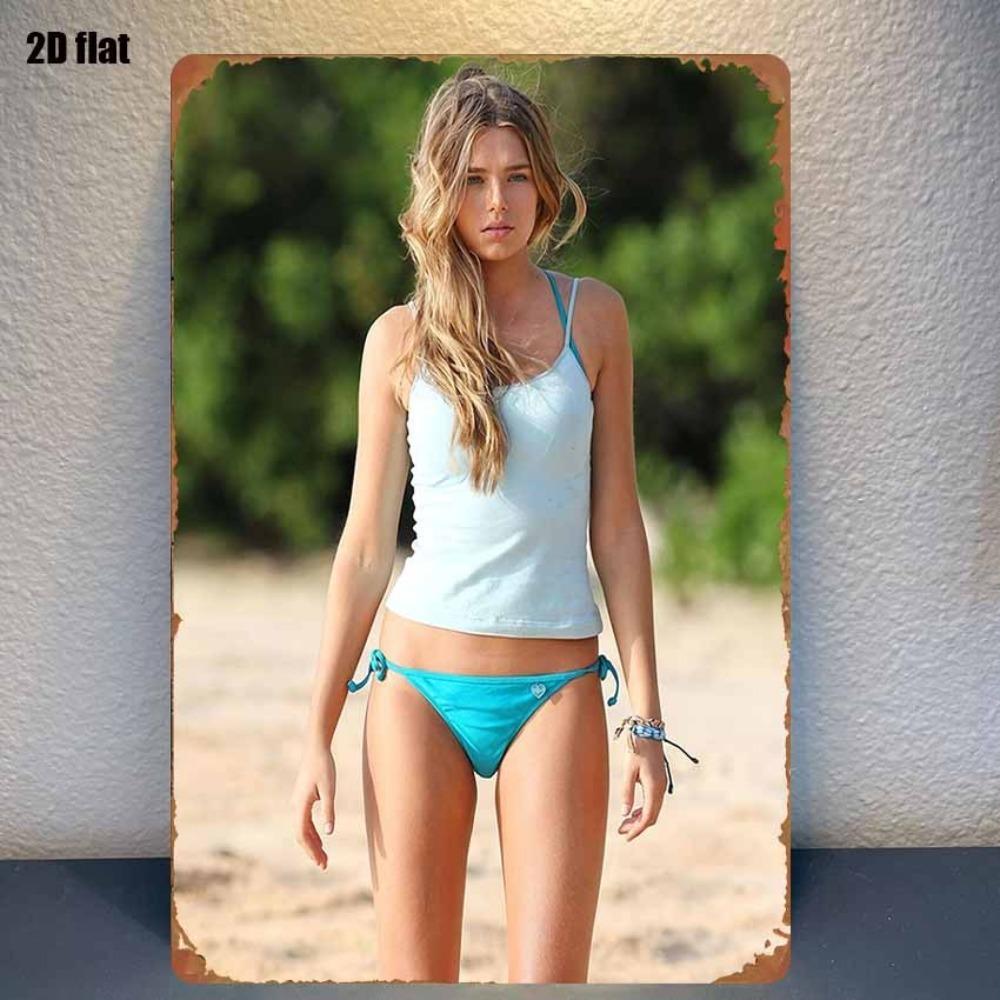 D Vintage Blue Bikini Girl Metal Tin Sign for Beach Bar Garden Wall Decor