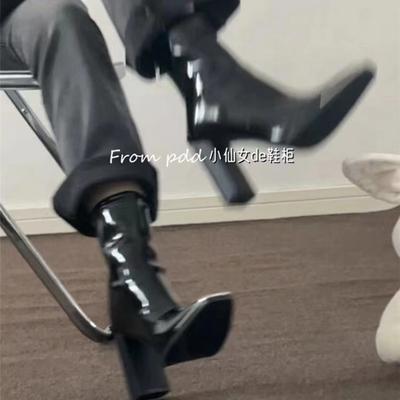 Kendou те же короткие ботинки для детей на осень и зиму 2024 года новые квадратные лакированные ботинки из лакированной кожи на толстом каблуке короткие тонкие ботинки на высоком каблуке