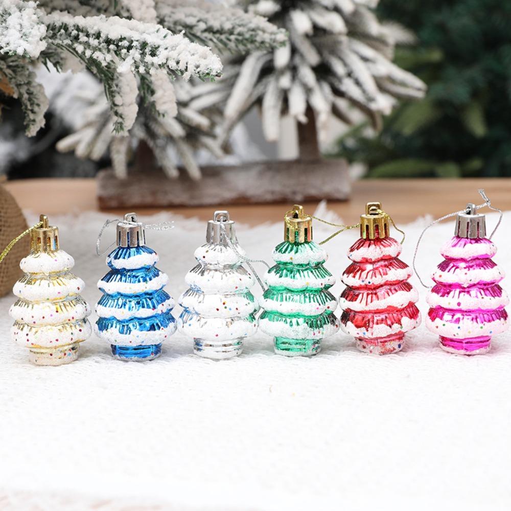 6Pcs/Box Painted Cedar Christmas Tree Ornament Plastic Christmas Decorations