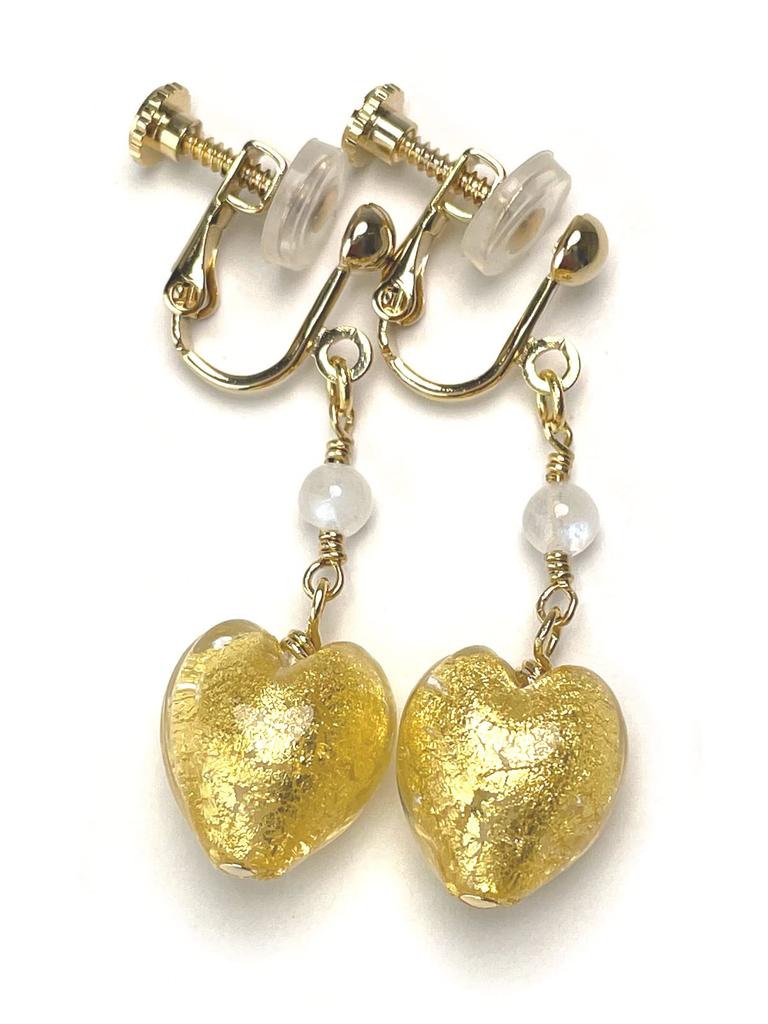 Venetian Glass Heart Gold Foil Moonstone Earrings with Silicone Natural Power Stone A1086 [Cherry] Cover, Stone,