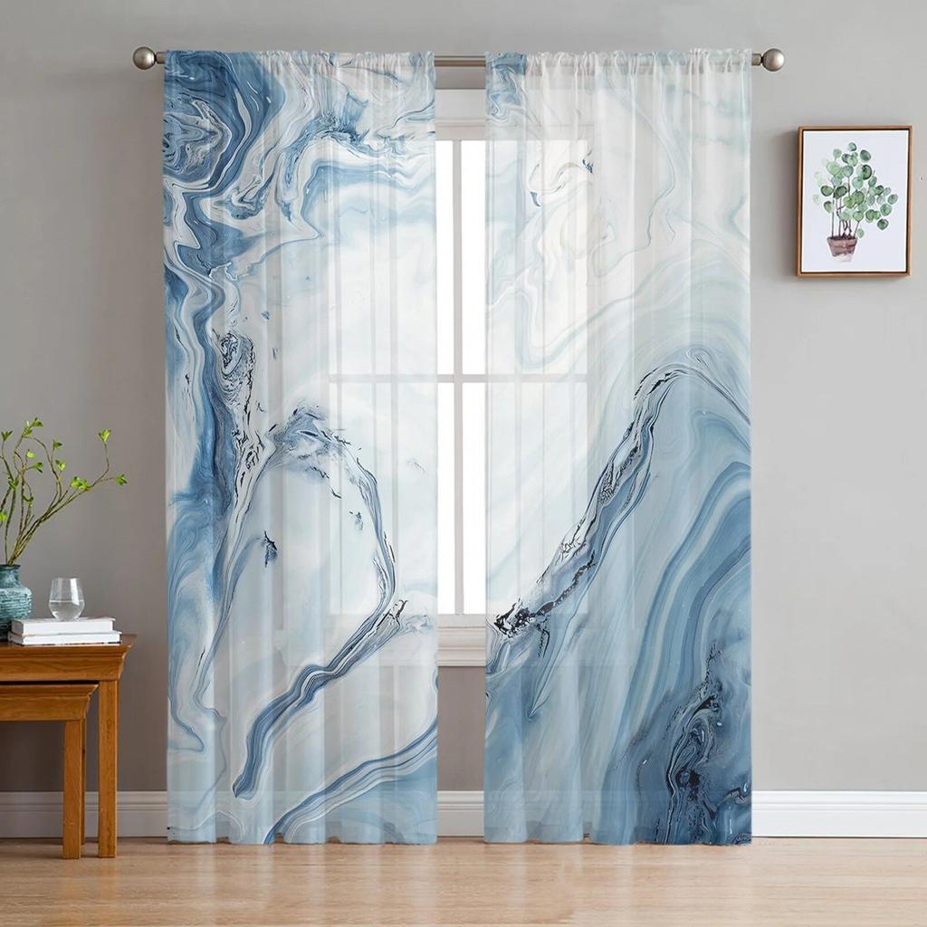 Marble Fluid Texture Blue Tulle Curtain For Living Room Bedroom Kitchen Decoration Window Voiles Tulle Curtain