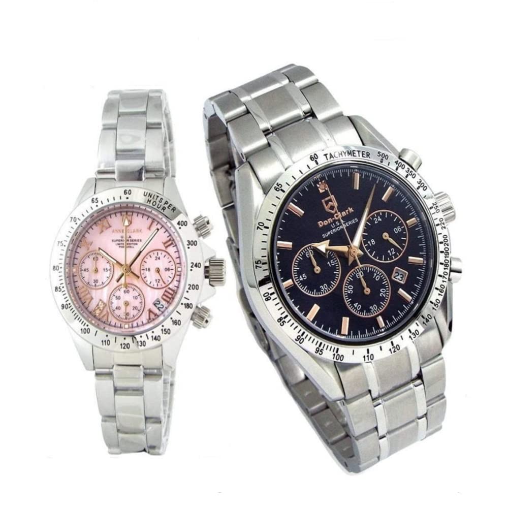 Дон Кларк Энн Кларк Пара часов хронограф Domestic Tachymeter оснащен внутренним японским механизмом Natural Shell черный розовый циферблат Пара полностью из нержавеющей стали