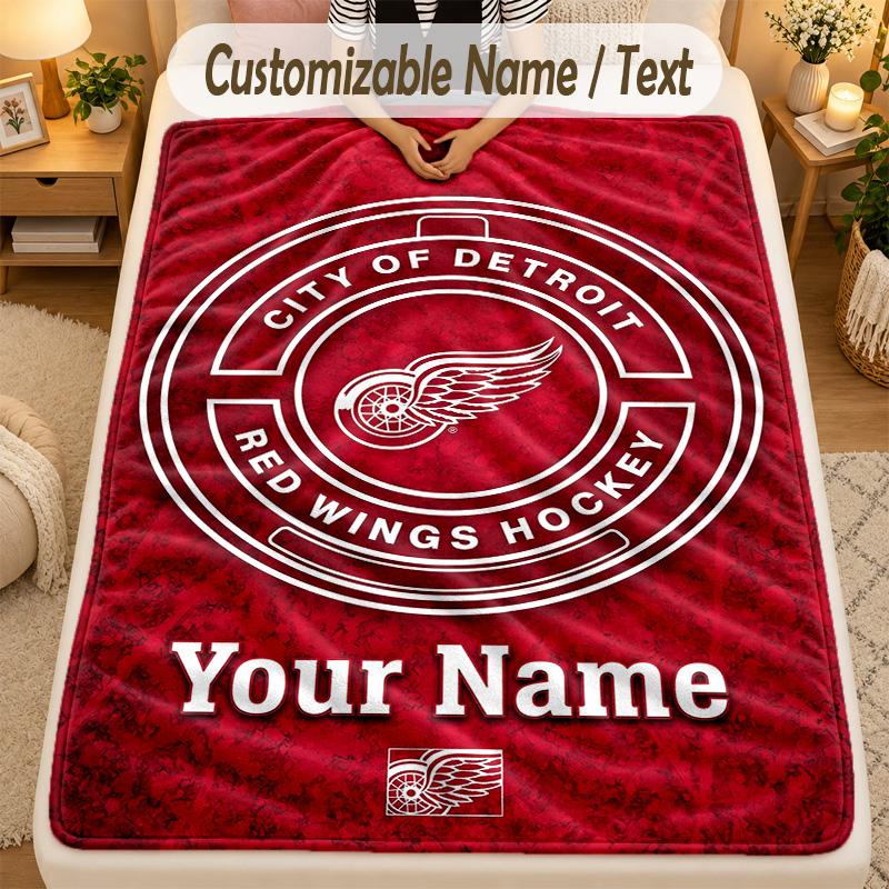 Flannel BlanketDetroit Red Wings Custom Name Text Personalized Soft Warm Throw Blanket Home Decor Gift