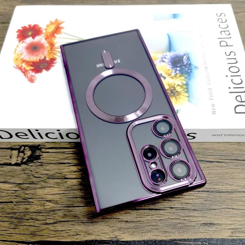 Plating Transparent For Magsafe Case For Samsung Galaxy S25 S24 S23 S22 S21 Ultra Plus S 25 24 23Ultra Mag Safe Glass Lens Cover