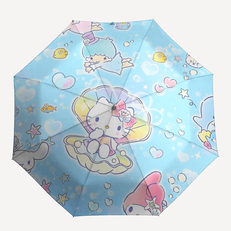 1pc Hello Kitty & Little Twin Stars Automatic Opening/Closing Umbrella - Portable Three-Fold Design with 8-Bone Iron Frame, Outdoor, Perfect Gift for