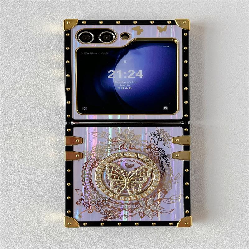 New Japanese and Korean Models Suitable for ZFLIP6 Samsung Laser Phone Case Aurora Butterfly Stand Rhinestone Flip5 Folding Shell