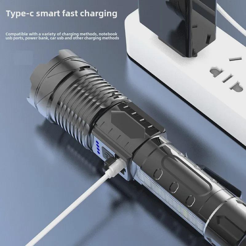 P50 Multifunctional Rechargeable Flashlight with Red/Blue Side Lights - Long-lasting Outdoor & Patrol Use.