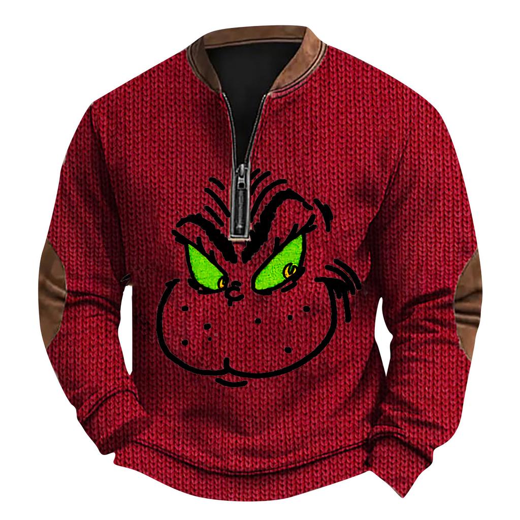 Мужской рождественский свитер на молнии, винтажный вязаный графический свитшот, рождественский пуловер со стойкой