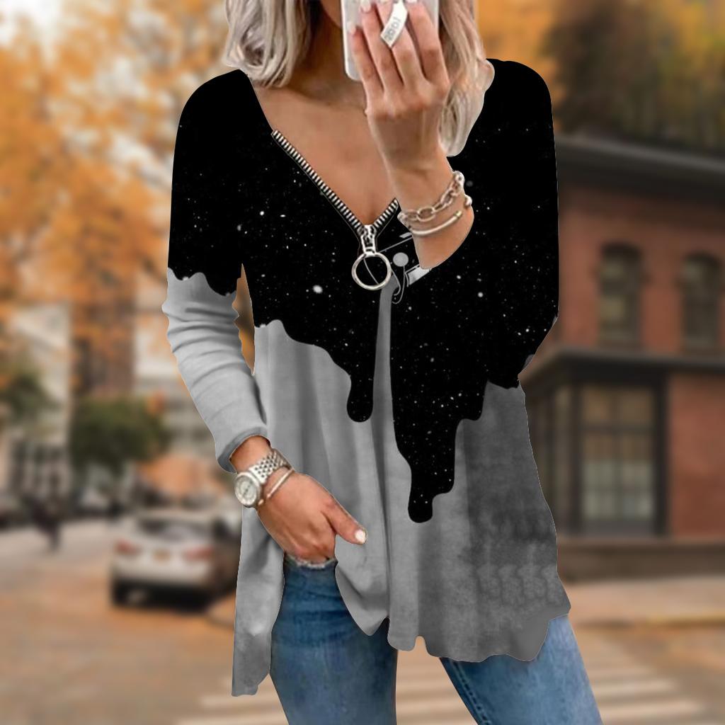 Women Autumn Bucket Pigment Printed Long Sleeve T-Shirts Loose V-Neck Plus Size Tee Shirt Tops Comfy Blouse