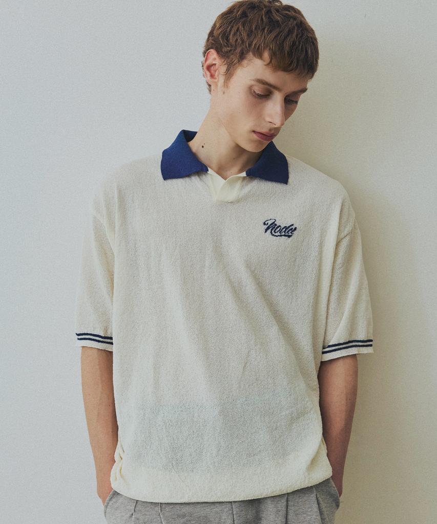 NODU Summer Vivid Color Block Collar Knit [Ivory/Blue]