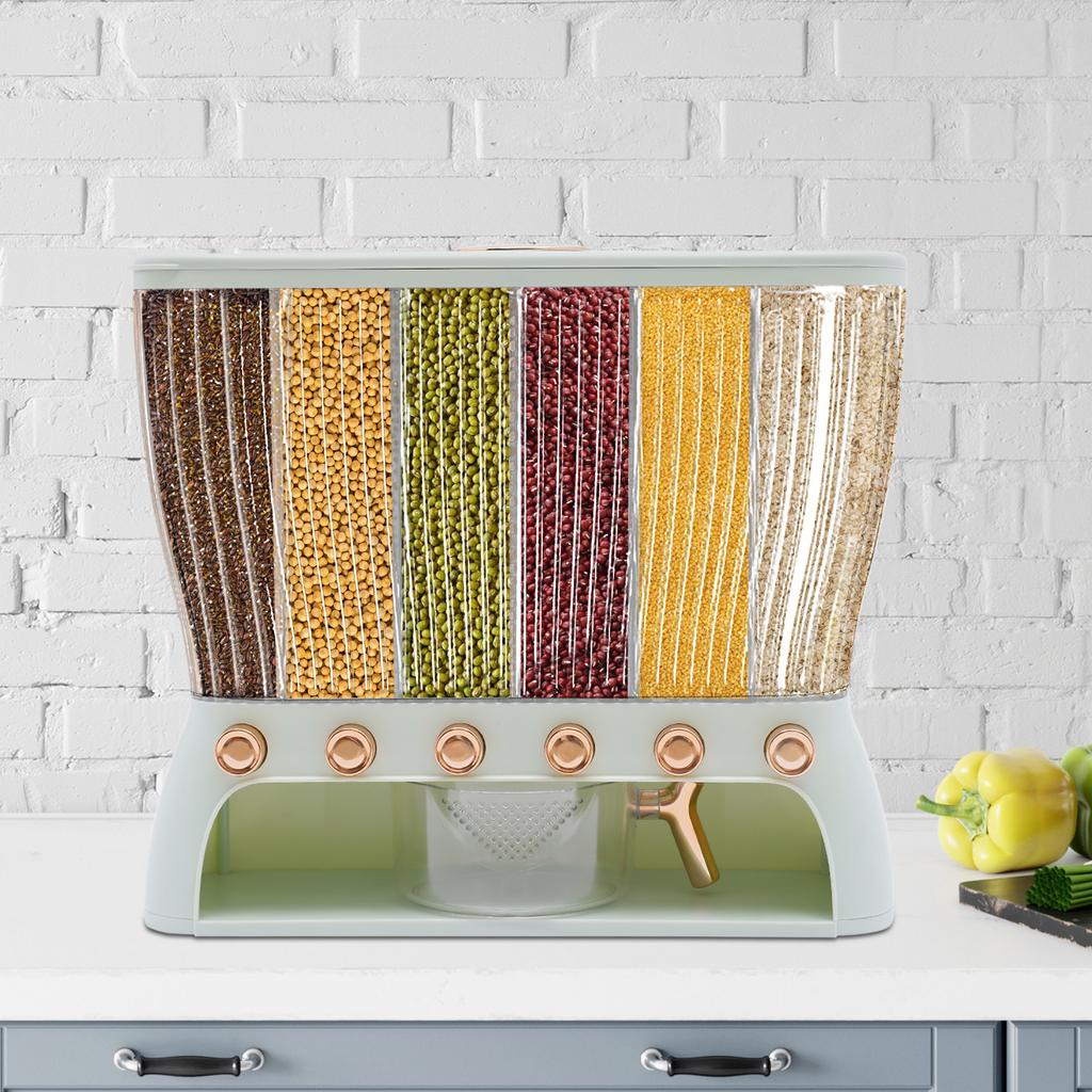 6-Grid Rice Storage Bin, Light Green Multigrain Container - 10kg Capacity, ABS Material - Dry Food Dispenser & Grain Organizer