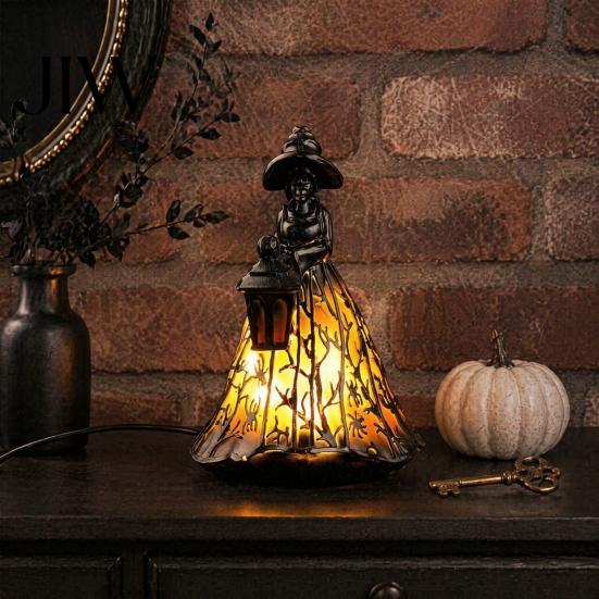 Festive Holiday Home Accents Halloween Witch Lamp, Stained Glass Style Gothic Table Lamp with Lantern, Creative Broom Figurine LED Resin Night