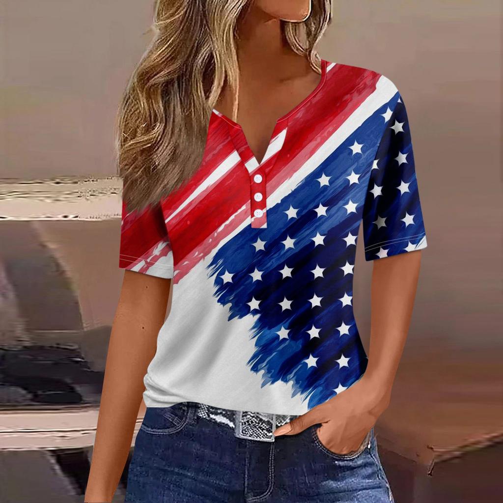 Жен. Футболка Футболка День независимости С принтом Пуговицы С короткими рукавами Повседневные Выходные Мода Классический Классический V-образный вырез Обычный Топ