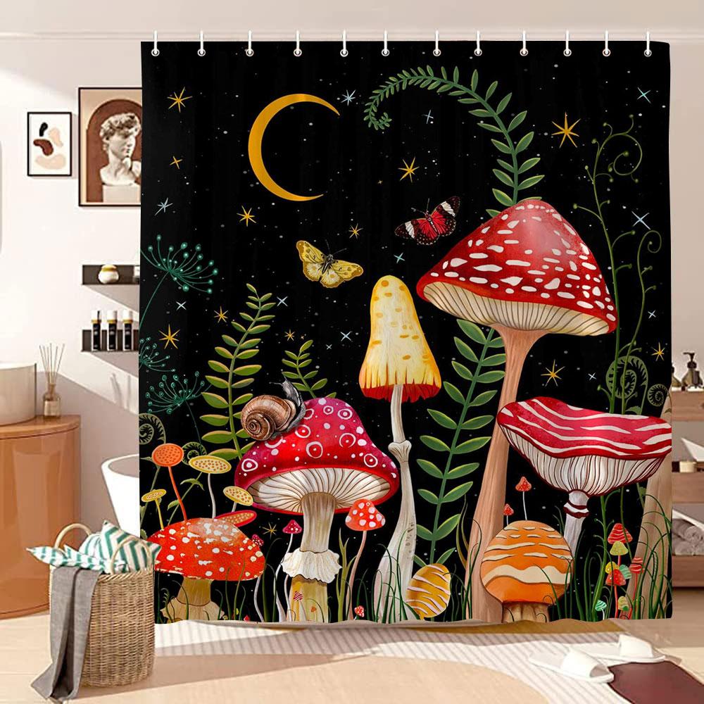 Mushroom Shower Curtain Retro Butterfly Floral Boho Moon Botanical Wildflowers Green Plant Aesthetic Bath Curtain Bathroom Decor
