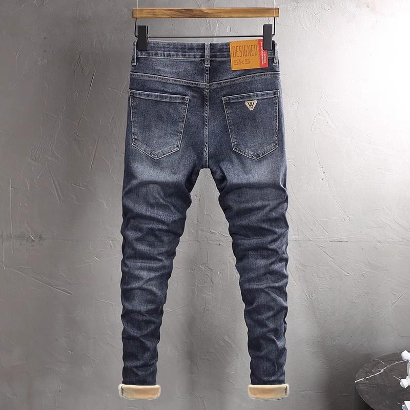 Зимние высококачественные фирменные вышитые модные брендовые джинсы 2024 года, мужские облегающие прямые теплые брюки в корейском стиле с флисовой подкладкой