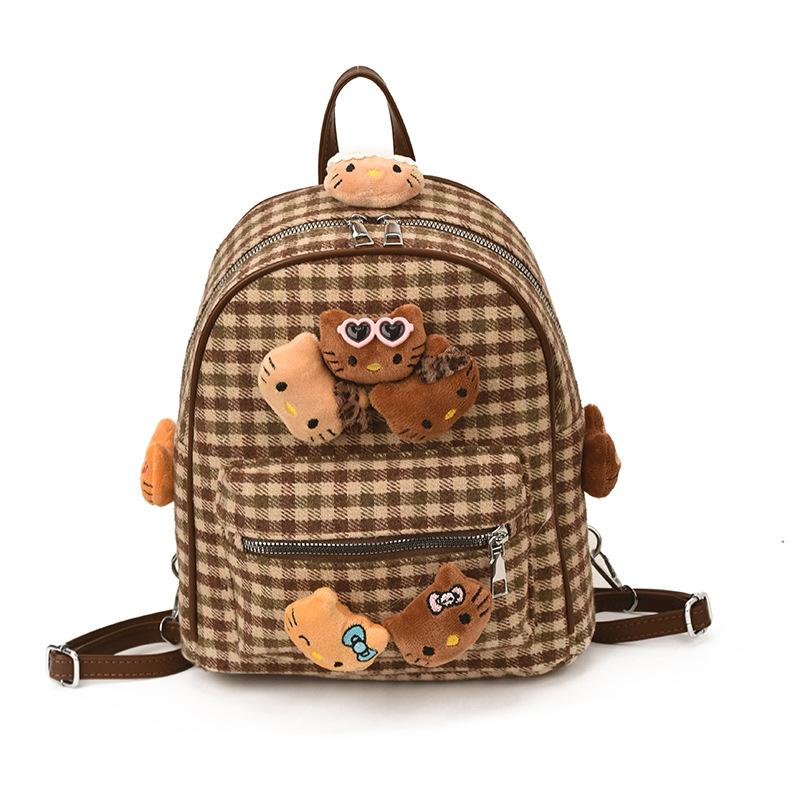 Boys And Girls Cartoon Backpack Foreign Style Plaid Cute Kitten Student Schoolbag Children'S Backpack