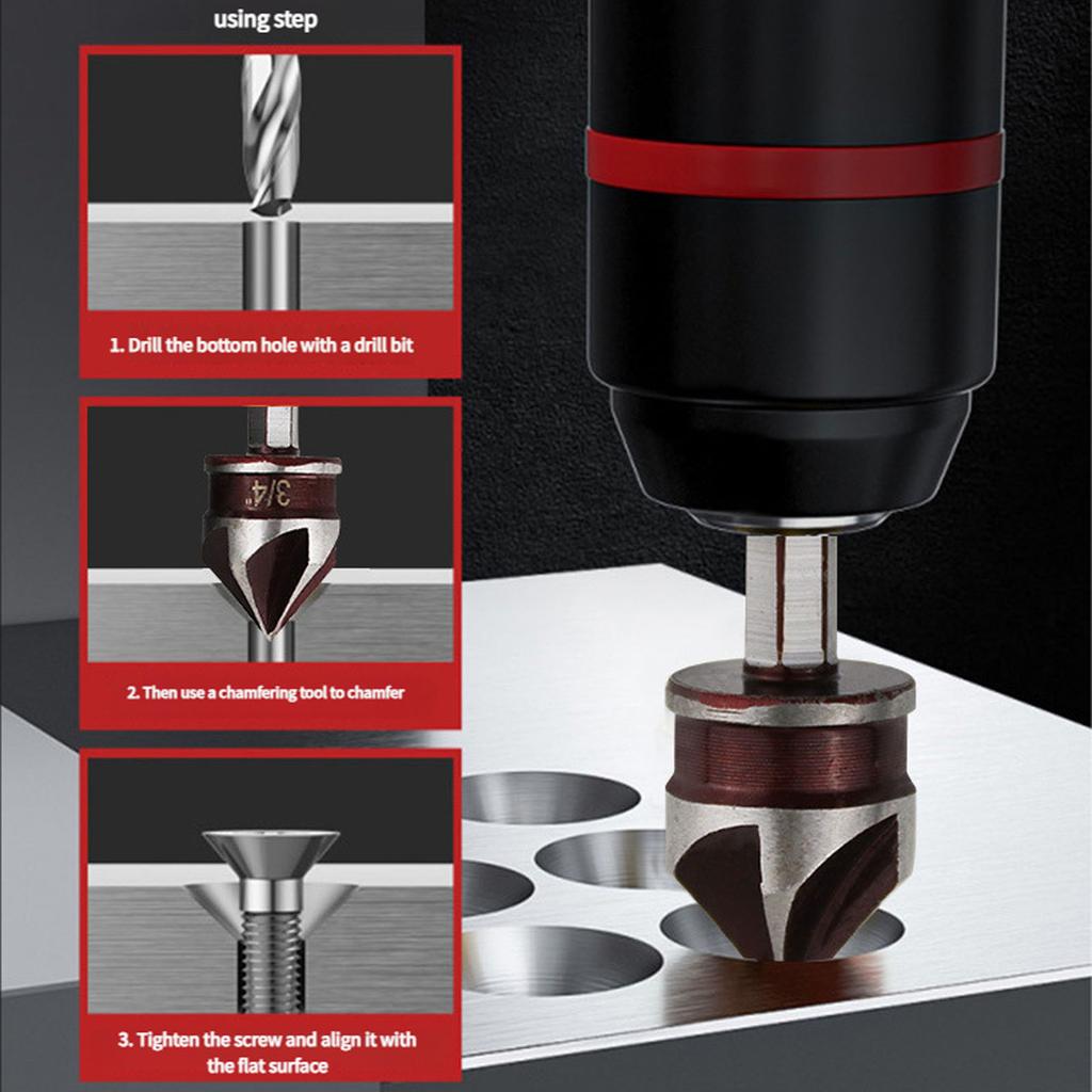 5 Piece Hex Shank 82 Degree 5 Flute Countersink Drill Bit Set For Metal Wood Plastic With Durable Construction And Reduced Vibration