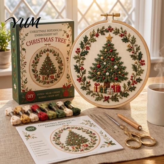 Embroidery Tools for DIY Enthusiasts Christmas Kit Beginners, Pre-Printed Pattern Full Set Wall Decoration Craft of Tools, Needlework Festive