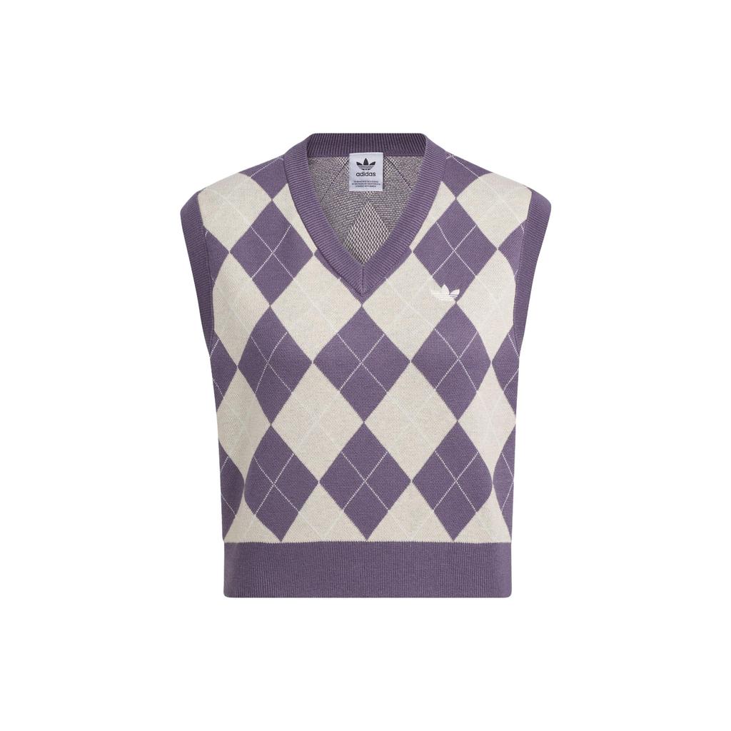 Adidas Originals Plaid Print V-Neck Pullover Sports Vest Women Tops Dark-Grey Violet Light-Brown IX7814